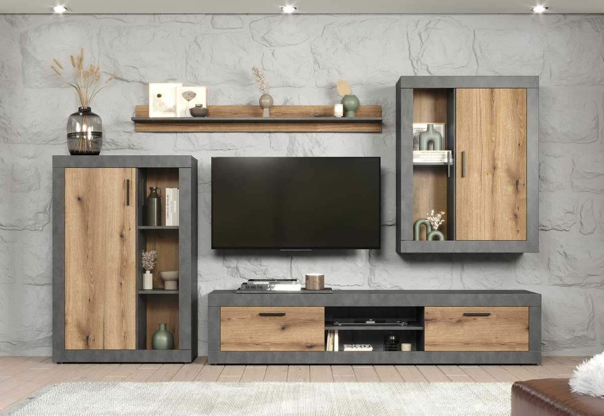 Wohnwand Salvada Eiche Evoke Coast Nachbildung anthrazit B/H/T: ca. 285x188x40 cm