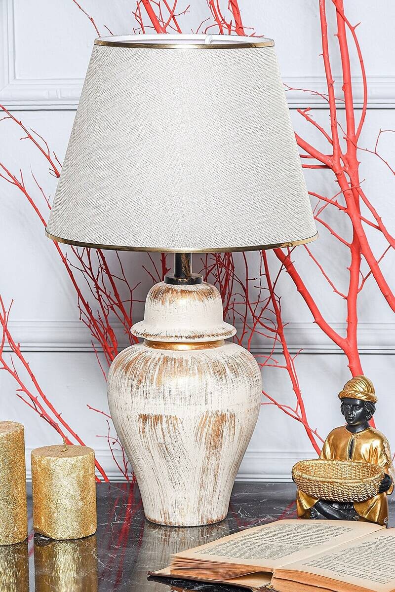 Opviq Tischleuchte beige gold Metall Stoff B/H/T/L/D: ca. 18x50x18x18x18 cm E27 1 Brennstellen