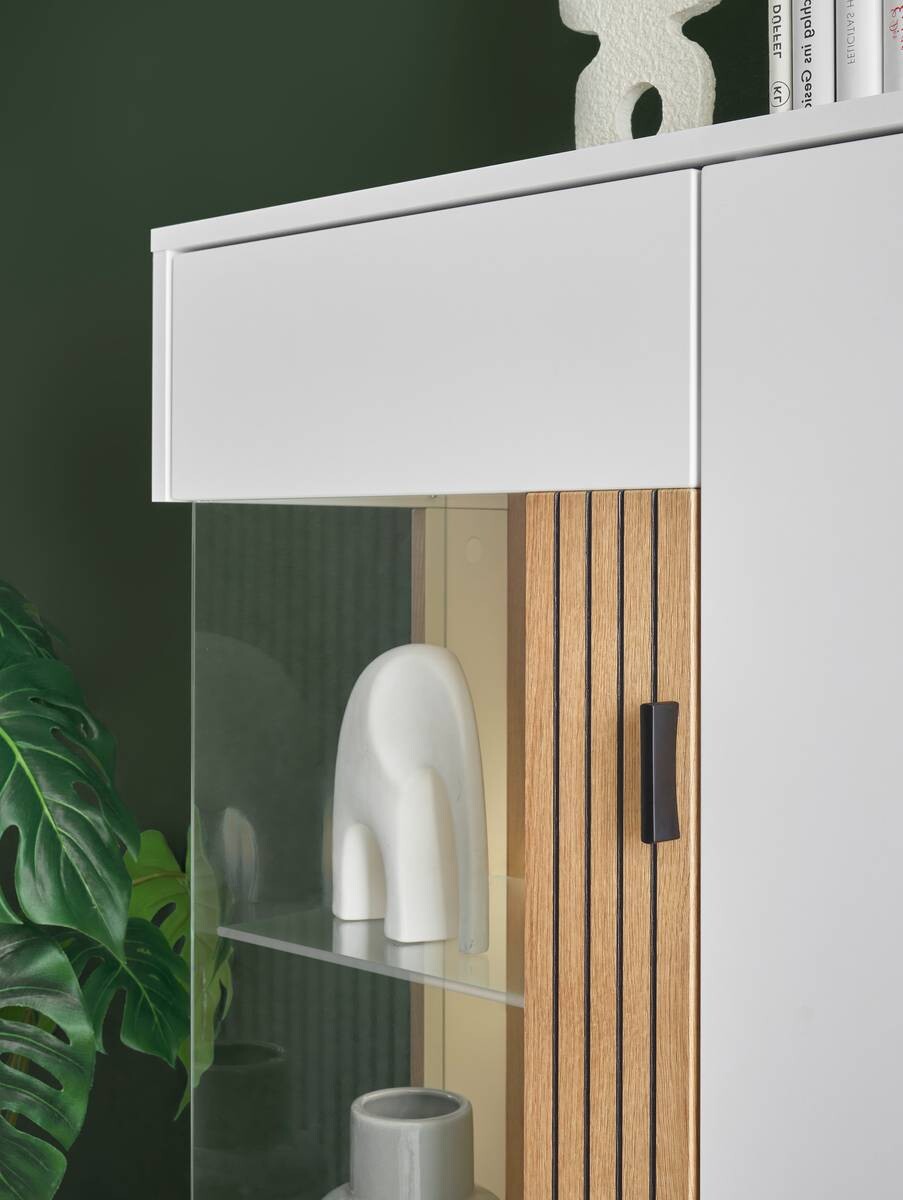 Vitrine Hudson weiß matt Eiche Evoke Coast Nachbildung B/H/T: ca. 75x125x38 cm