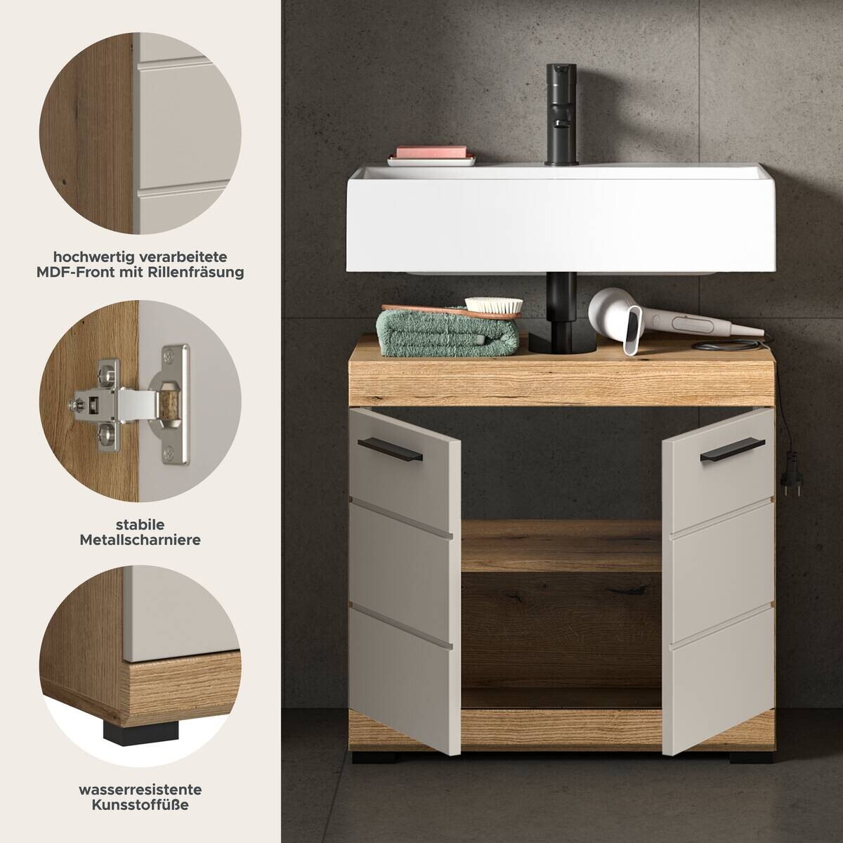 Waschbeckenunterschrank Scout Evoke Oak Nachbildung Kaschmirgrau Nachbildung B/H/T: ca. 60x56x34 cm