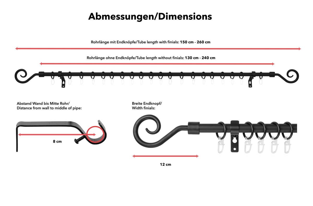 LICHTBLICK Gardinenstange Kringel schwarz Metall D: ca. 0,16 cm ausziehbar von ca. 130 bis 240 cm 1.0 Läufe