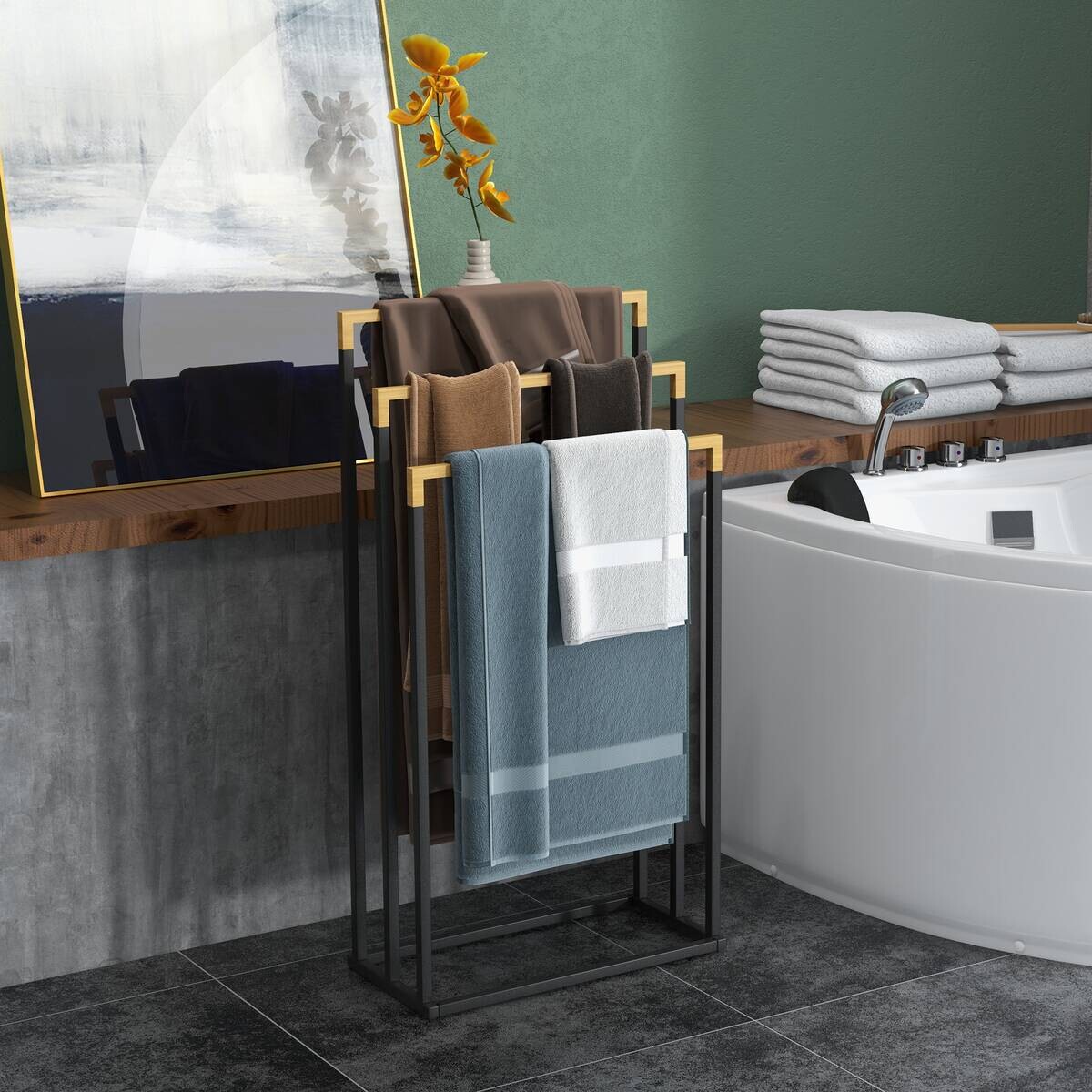 kleankin Handtuchhalter schwarz natur Bambus Edelstahl Polypropylen B/H/L: ca. 22,5x45x86 cm