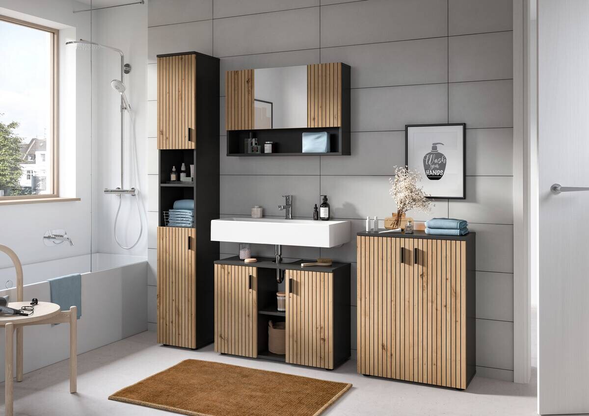 Badezimmer-Set Mone Basalt Nachbildung Artisan Oak Nachbildung B/H/T: ca. 80x180x30 cm