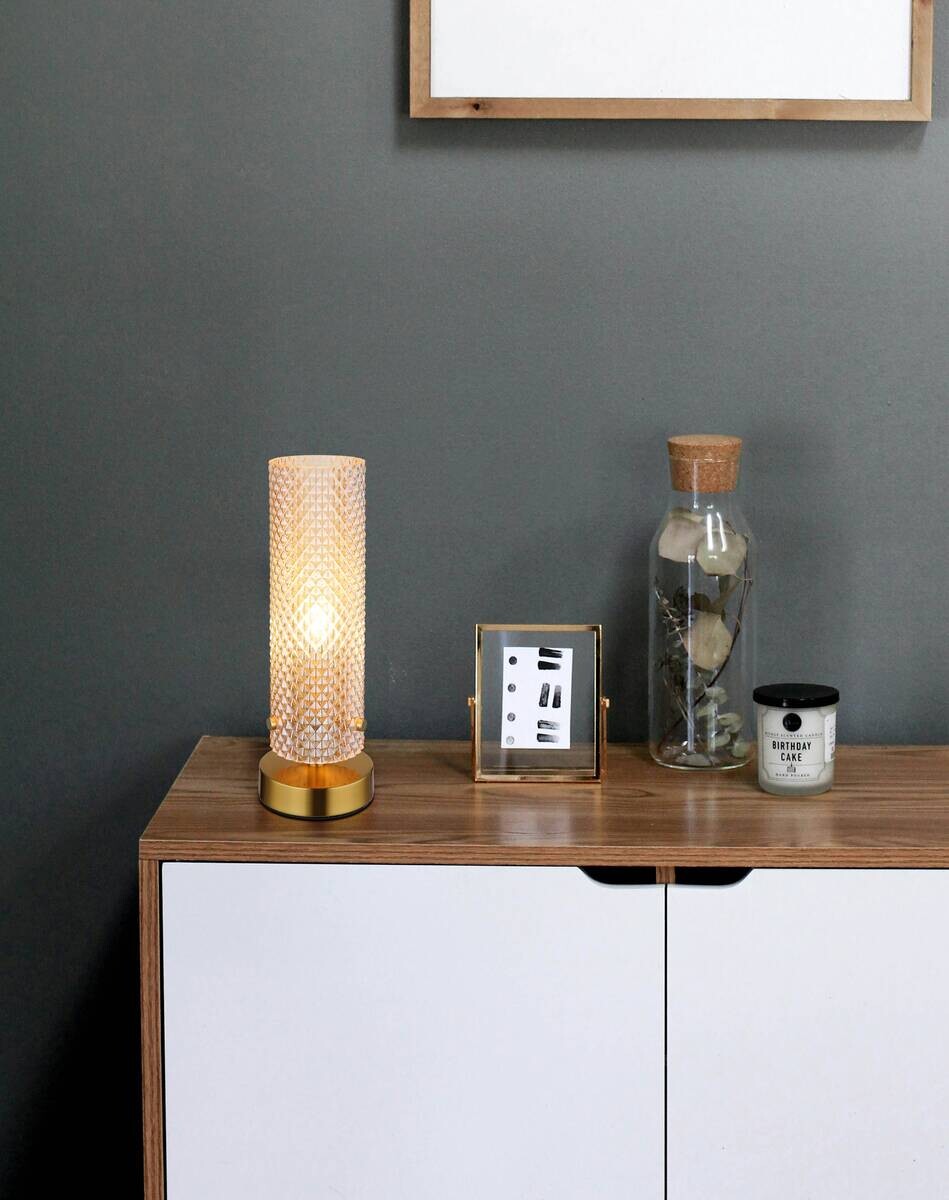 GLOBO Tischleuchte gold amber Glas Metall H/D: ca. 28,5x10 cm E14 1 Brennstellen