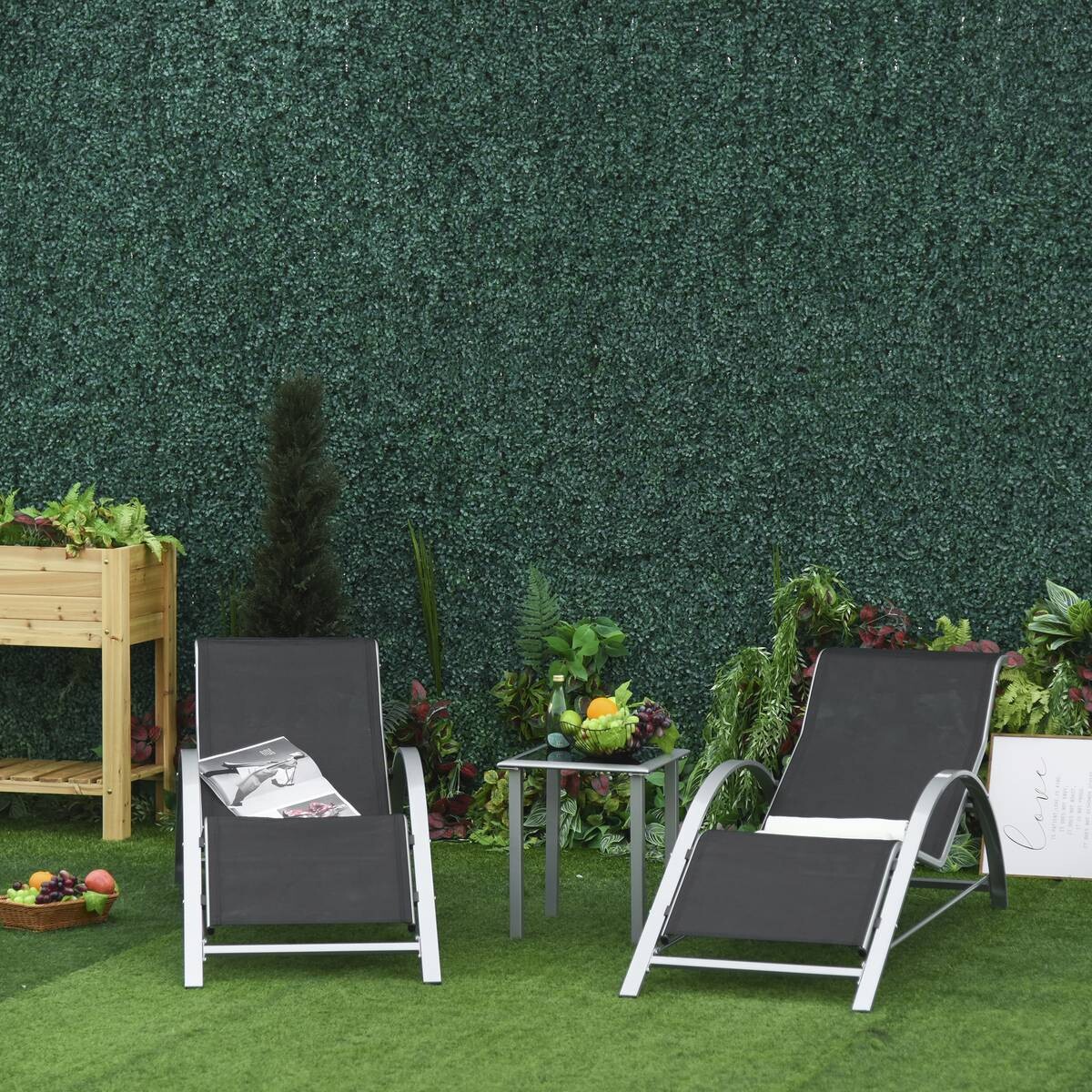Outsunny Gartenliege-Set mit Tisch schwarz Metall B/H/T: ca. 59x66x169 cm
