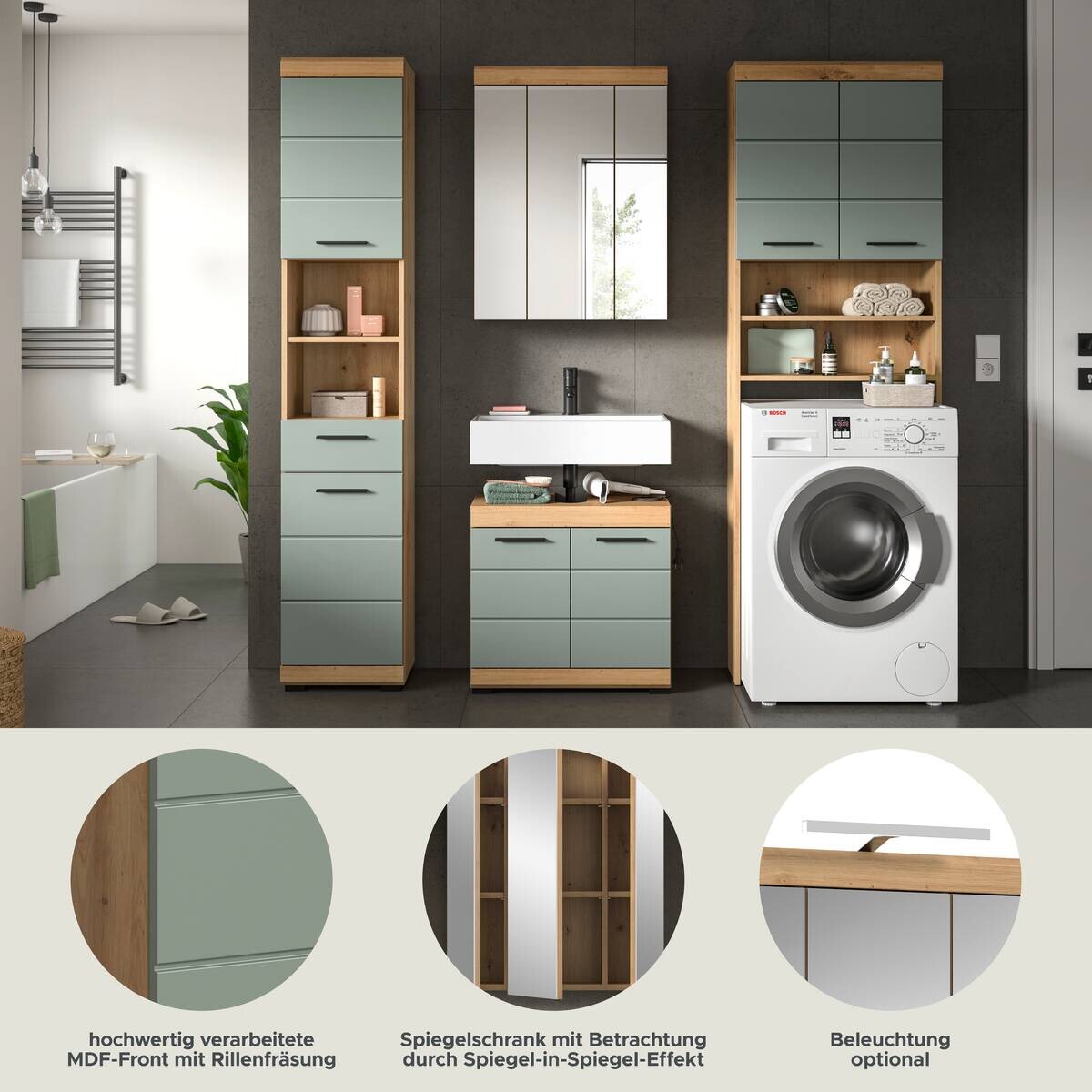 Badezimmer-Set Scout Eiche Artisan Nachbildung salbei Nachbildung B/H/T: ca. 190x191x34 cm