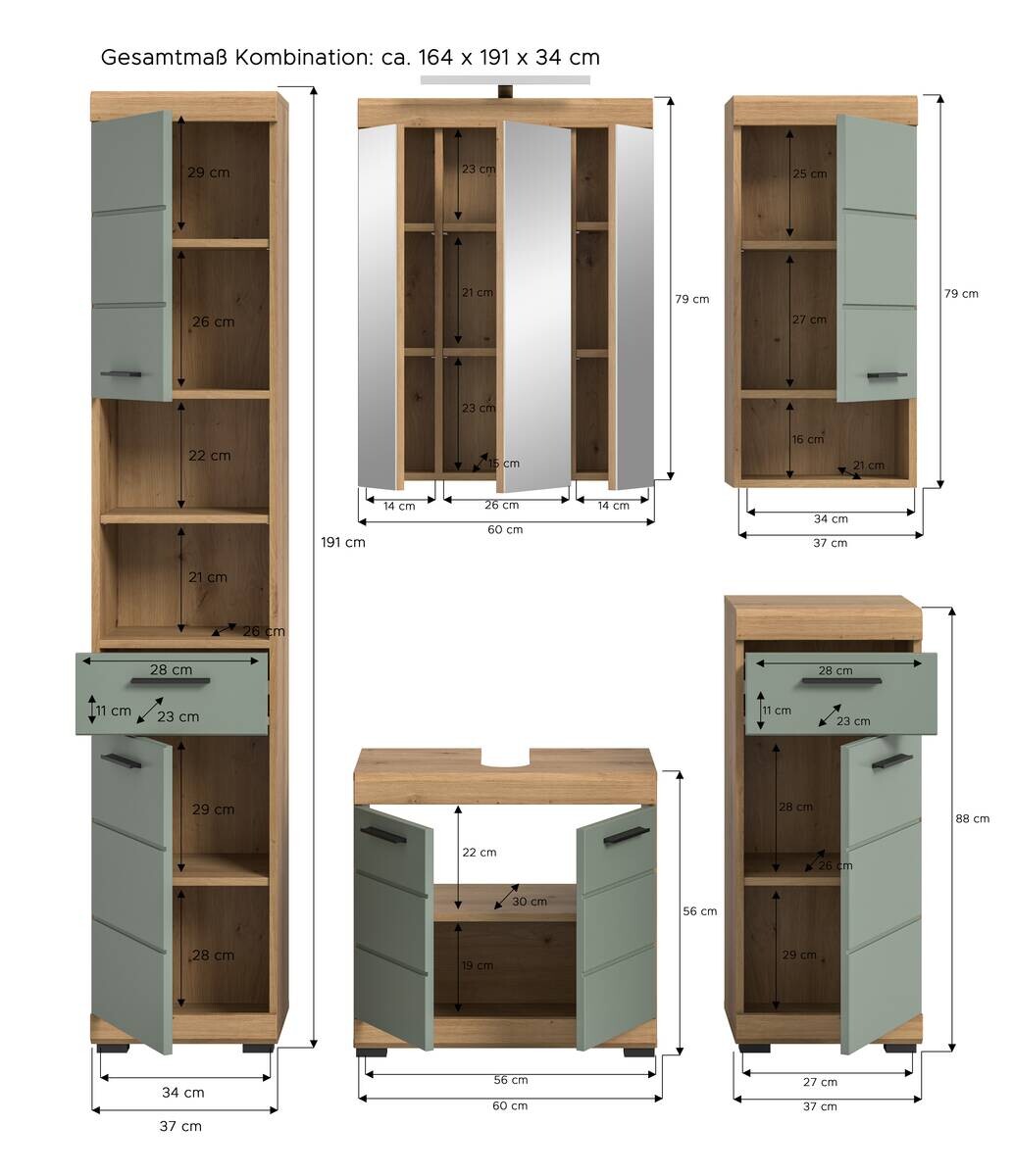 Badezimmer-Set Scout Eiche Artisan Nachbildung salbei Nachbildung B/H/T: ca. 164x191x34 cm