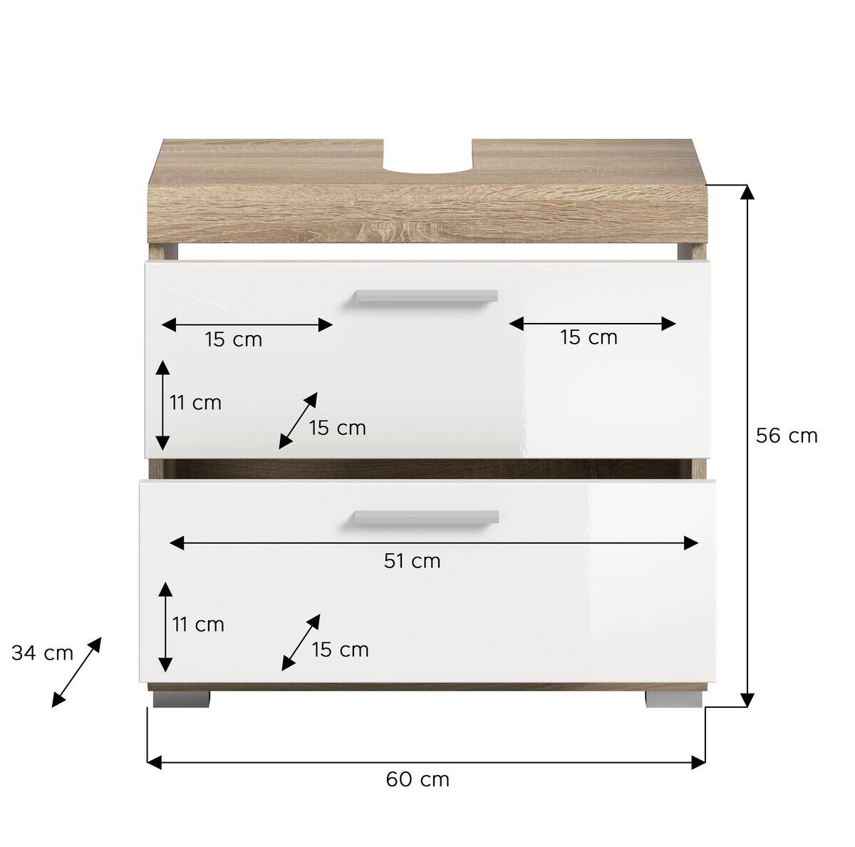 Waschbeckenunterschrank Lambada Eiche Sonoma Nachbildung weiß Hochglanz B/H/T: ca. 60x56x37 cm