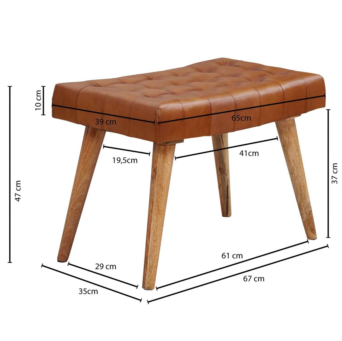 Wohnling Sitzhocker braun natur Leder Echtholz B/H/T: ca. 67x47x39 cm