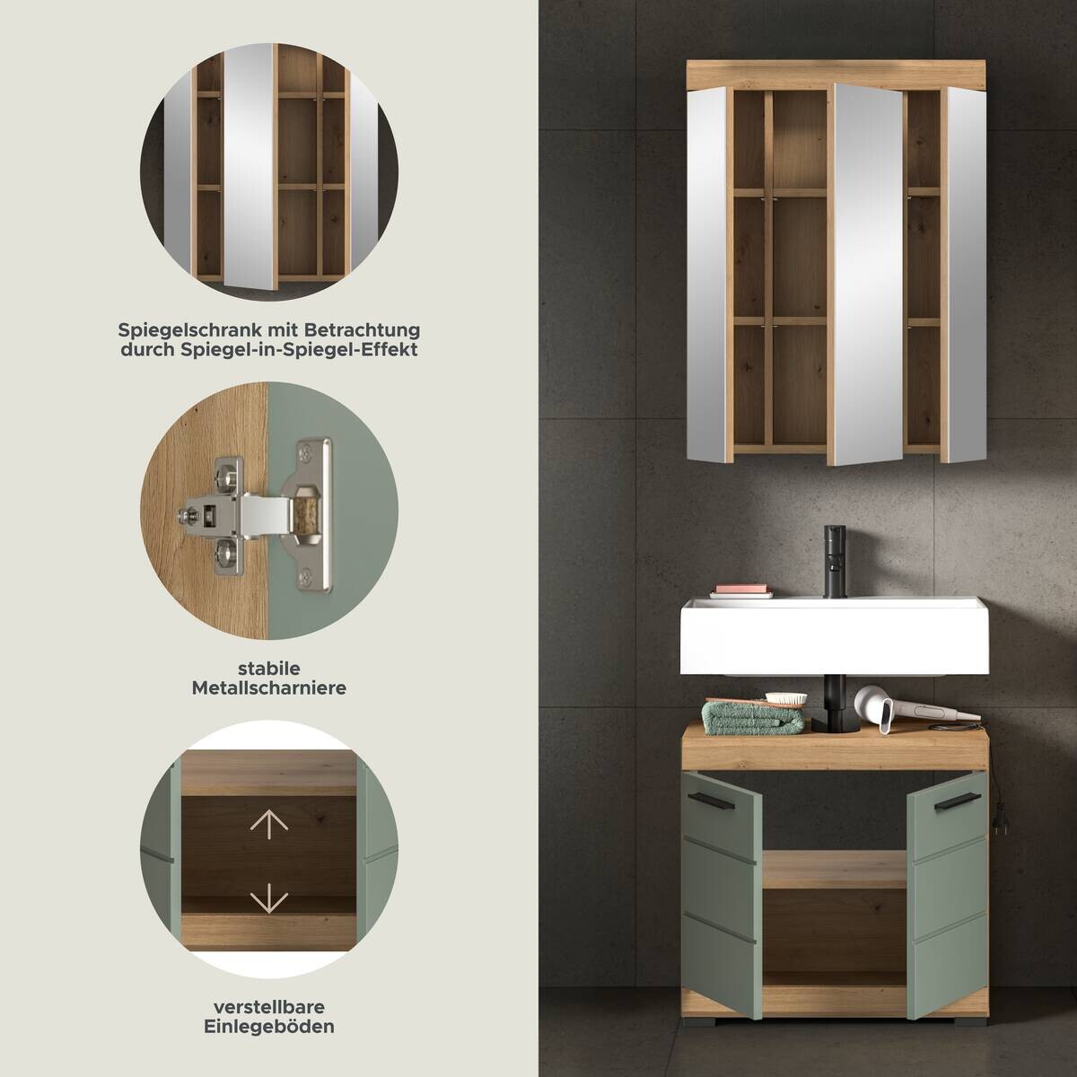 Badezimmer-Set Scout Eiche Artisan Nachbildung salbei Nachbildung B/H/T: ca. 60x191x34 cm