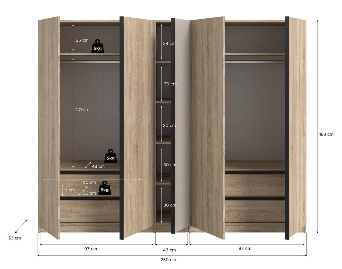 Kleiderschrank OAKLAND Eiche Sonoma Nachbildung Cashmere B/H/T: ca. 230x183x53 cm