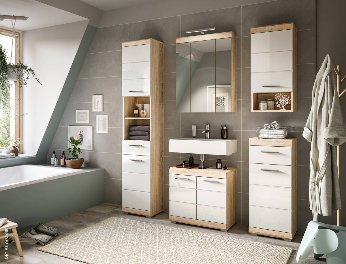 Badezimmer-Set Lambada Eiche Sonoma Nachbildung weiß Hochglanz B/H/T: ca. 164x191x34 cm