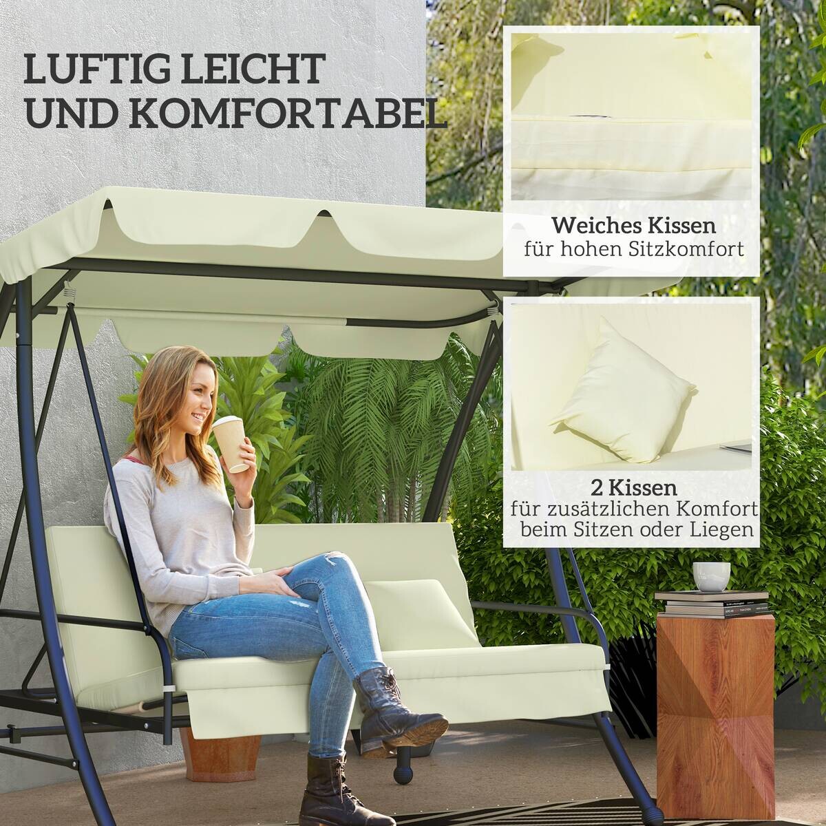 Outsunny Hollywoodschaukel cremeweiß Polyester B/H/L: ca. 125x170x200 cm