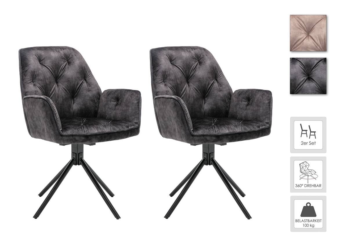 byLIVING Sessel SARINA 2er-Set anthrazit Vintage Samt Metall B/H/T: ca. 59,5x89x62 cm