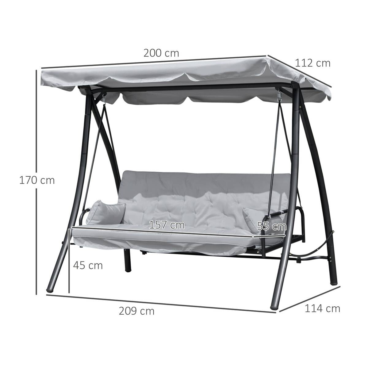 Outsunny Hollywoodschaukel grau Metall B/H/L: ca. 114x170x209 cm