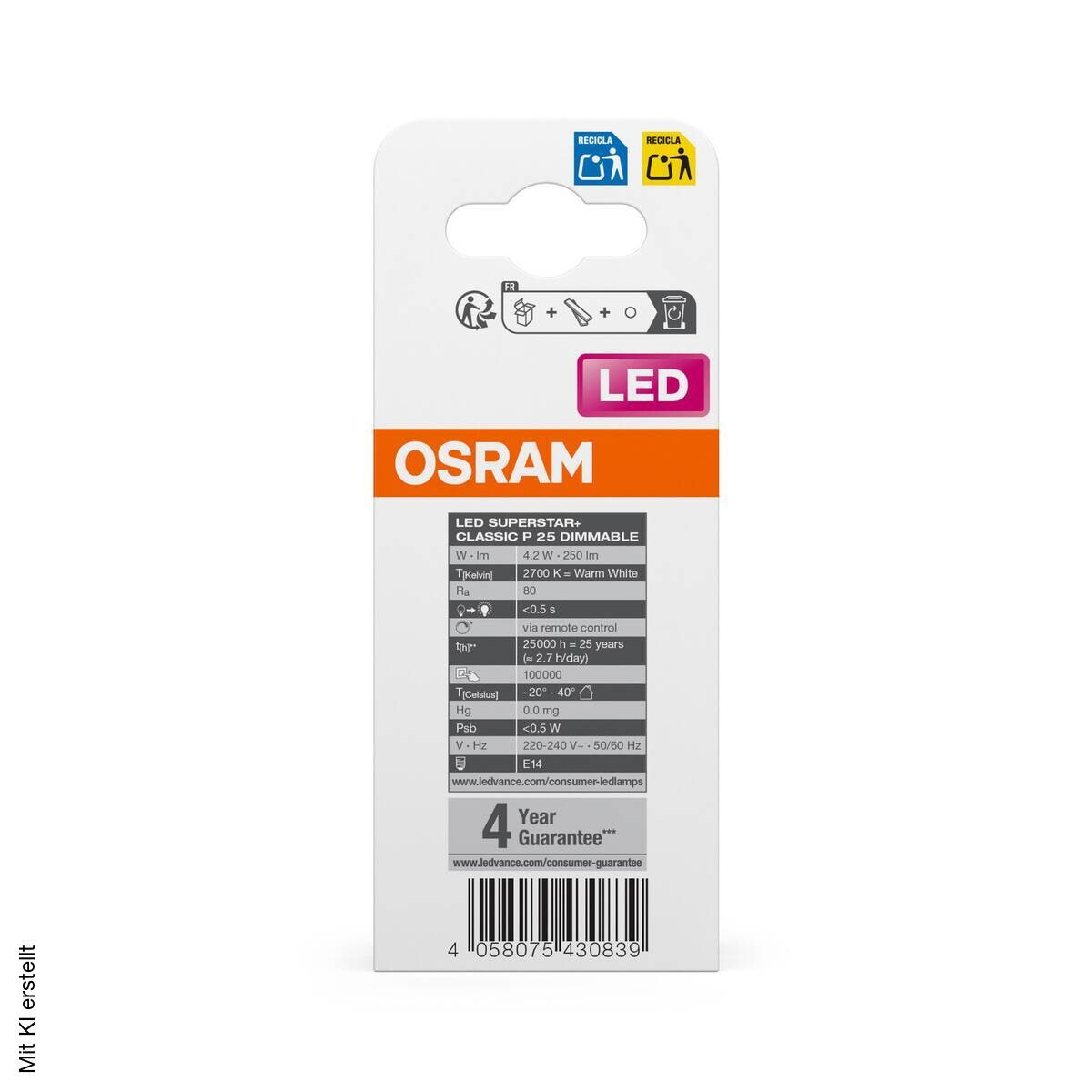 OSRAM LED-Leuchtmittel Tropfen RGBW mit Fernbedienung AC45048 E14