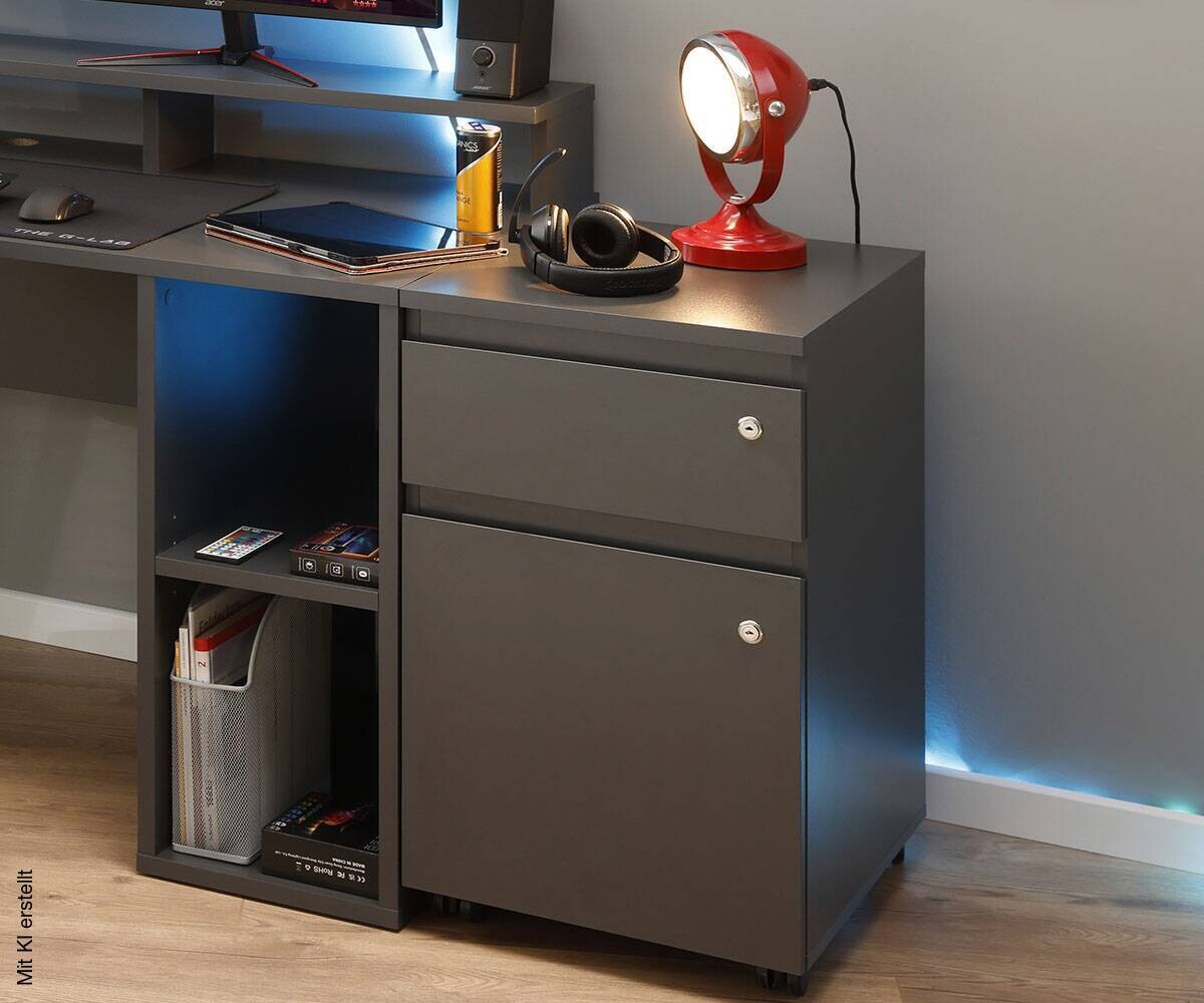 Rollcontainer FILE GUARD anthrazit beschichtet Nachbildung Holz B/H/L: ca. 51,3x76,9x44 cm