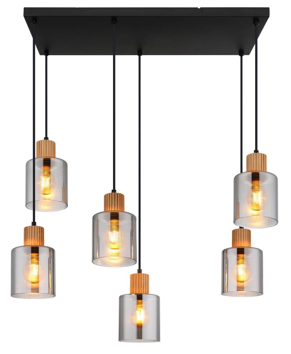 GLOBO Pendelleuchte Rauch schwarz dunkelbraun Glas Holz Metall B/H/L: ca. 33x120x67 cm E27 6 Brennstellen