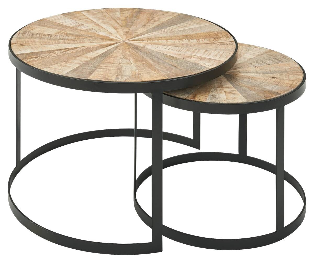 Beistelltisch 2er-Set. natur schwarz pulverbeschichtet Echtholz Eisen