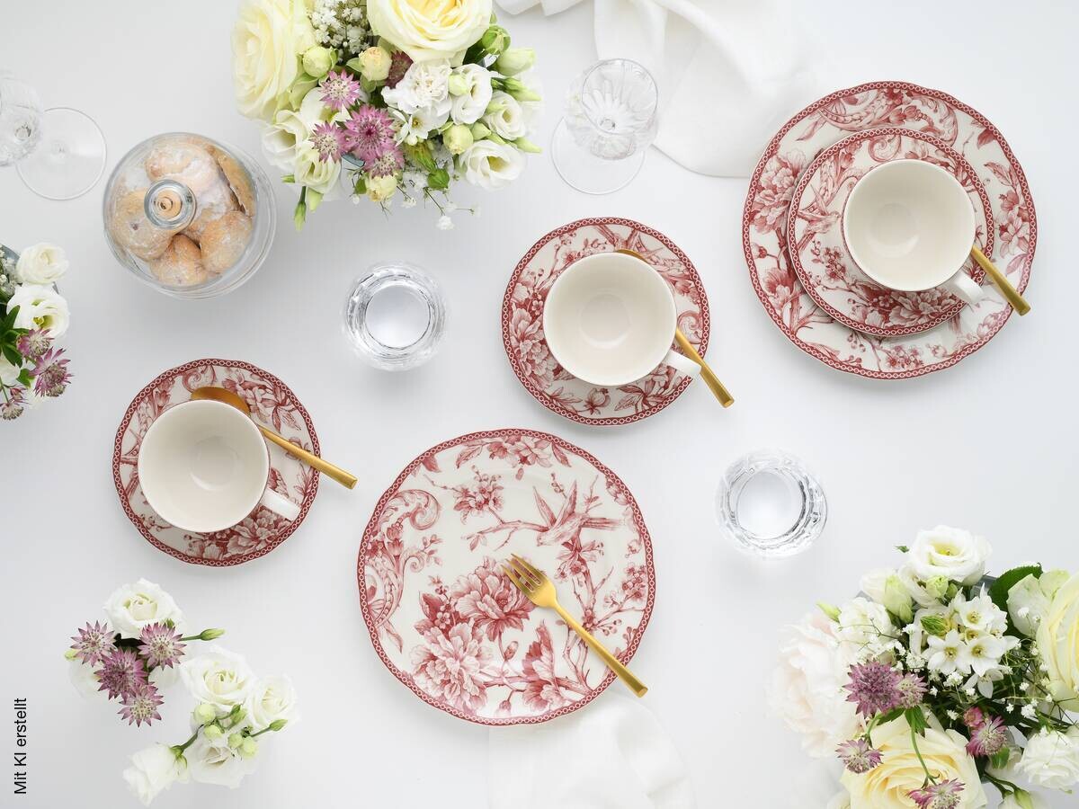CreaTable Kaffeeservice Adelaide Rot weiß Porzellan 12 tlg.