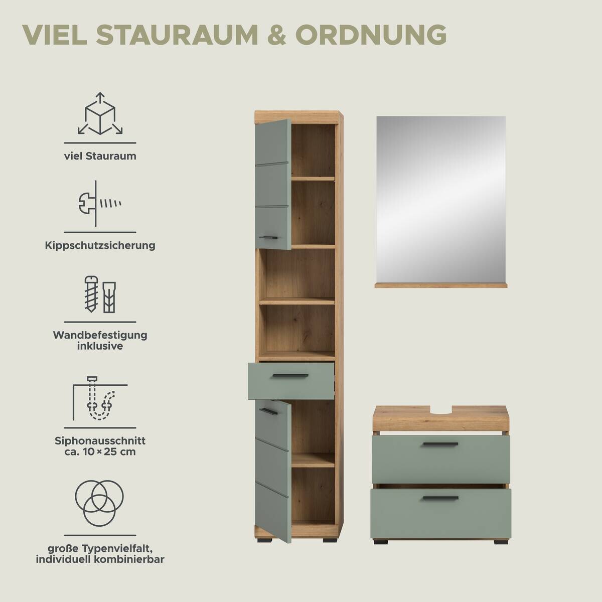 Badezimmer-Set Scout Eiche Artisan Nachbildung salbei Nachbildung B/H/T: ca. 112x191x37 cm