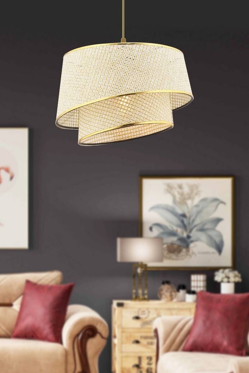 Opviq Pendelleuchte Barette gold creme Stoff Metall B/H/L: ca. 32x65x32 cm E27 1 Brennstellen