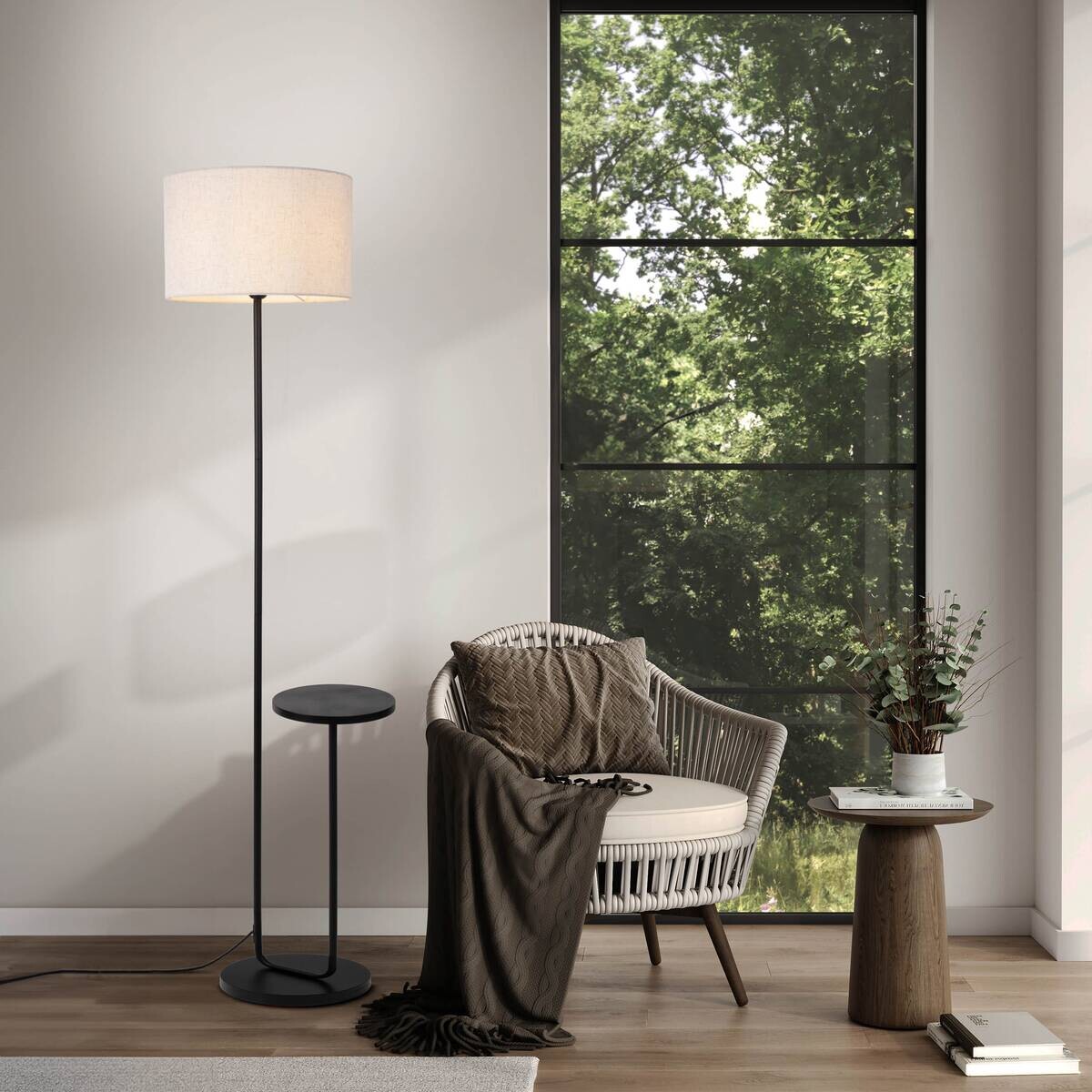 Näve Leuchten Stehlampe schwarz Metall Textil B/H/T: ca. 50x157x35 cm E27 1 Brennstellen