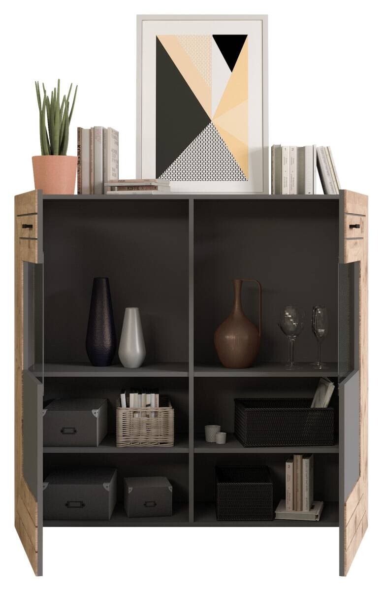 Wohnwand Freno grau matt Eiche Nox Oak Nachbildung B/H/T: ca. 350x195x40 cm