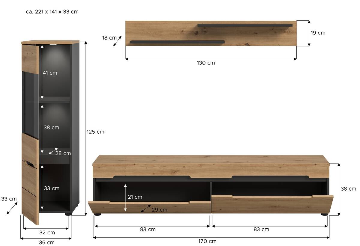Wohnwand Canu basaltgrau Nachbildung Artisan Oak Nachbildung B/H/T: ca. 221x141x33 cm