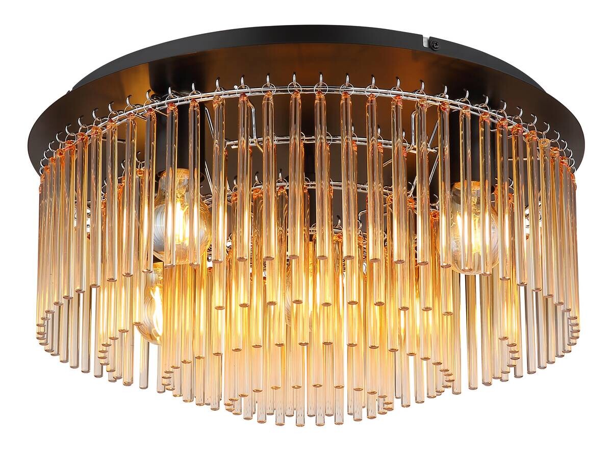 GLOBO Deckenleuchte amber Chrom mattschwarz Metall Glas H/D: ca. 25x50 cm E27 5 Brennstellen