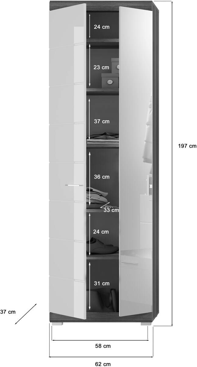 Garderobenschrank SCOUT Rauchsilber Nachbildung weiß Hochglanz B/H/T: ca. 62x197x37 cm