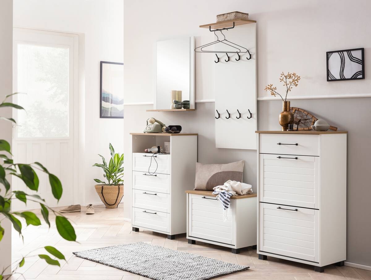 Schuhbank Jelda weiß matt Eiche Landhaus Nachbildung B/H/T: ca. 62x47,2x34,1 cm