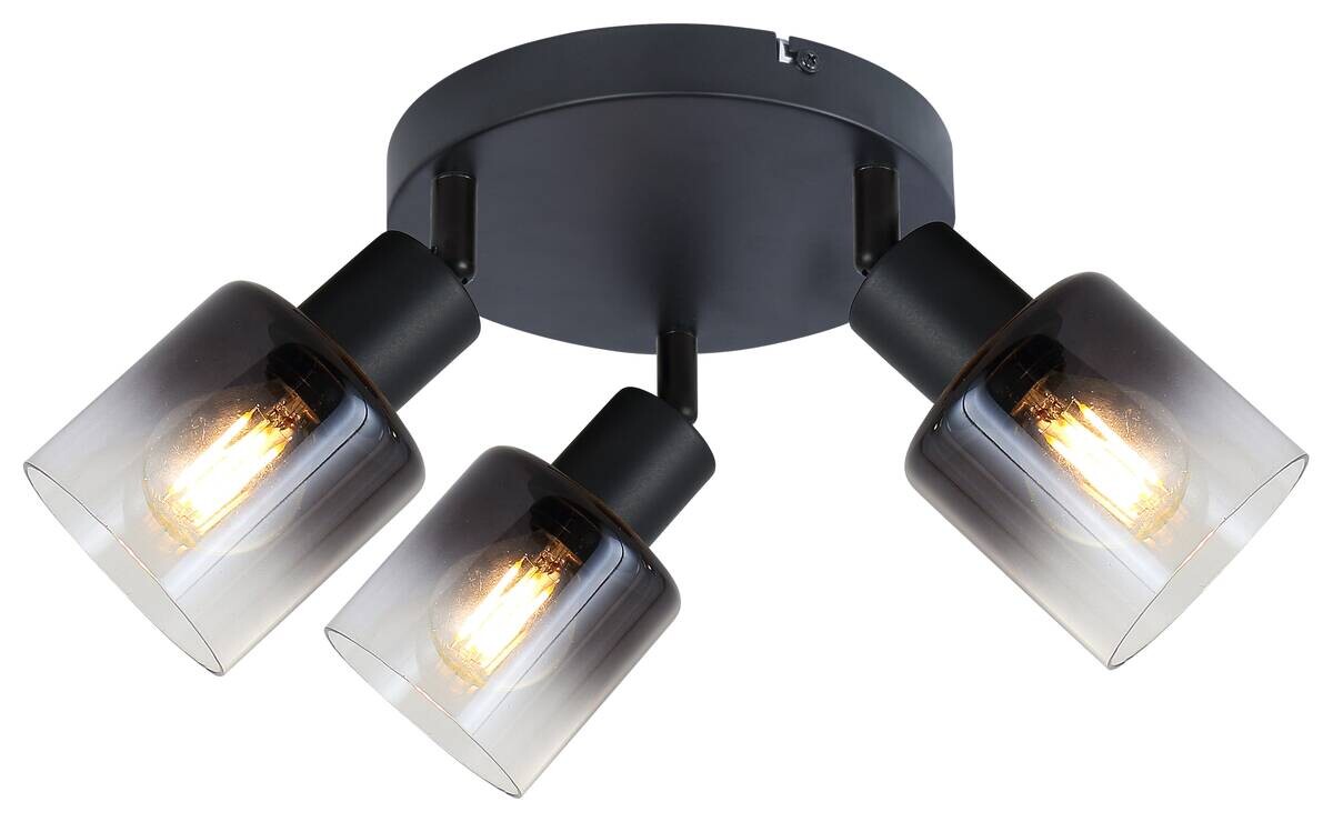 POCOline Spotbalken Arthur schwarz Rauch Metall Glas H/D: ca. 18x43 cm E14 3 Brennstellen