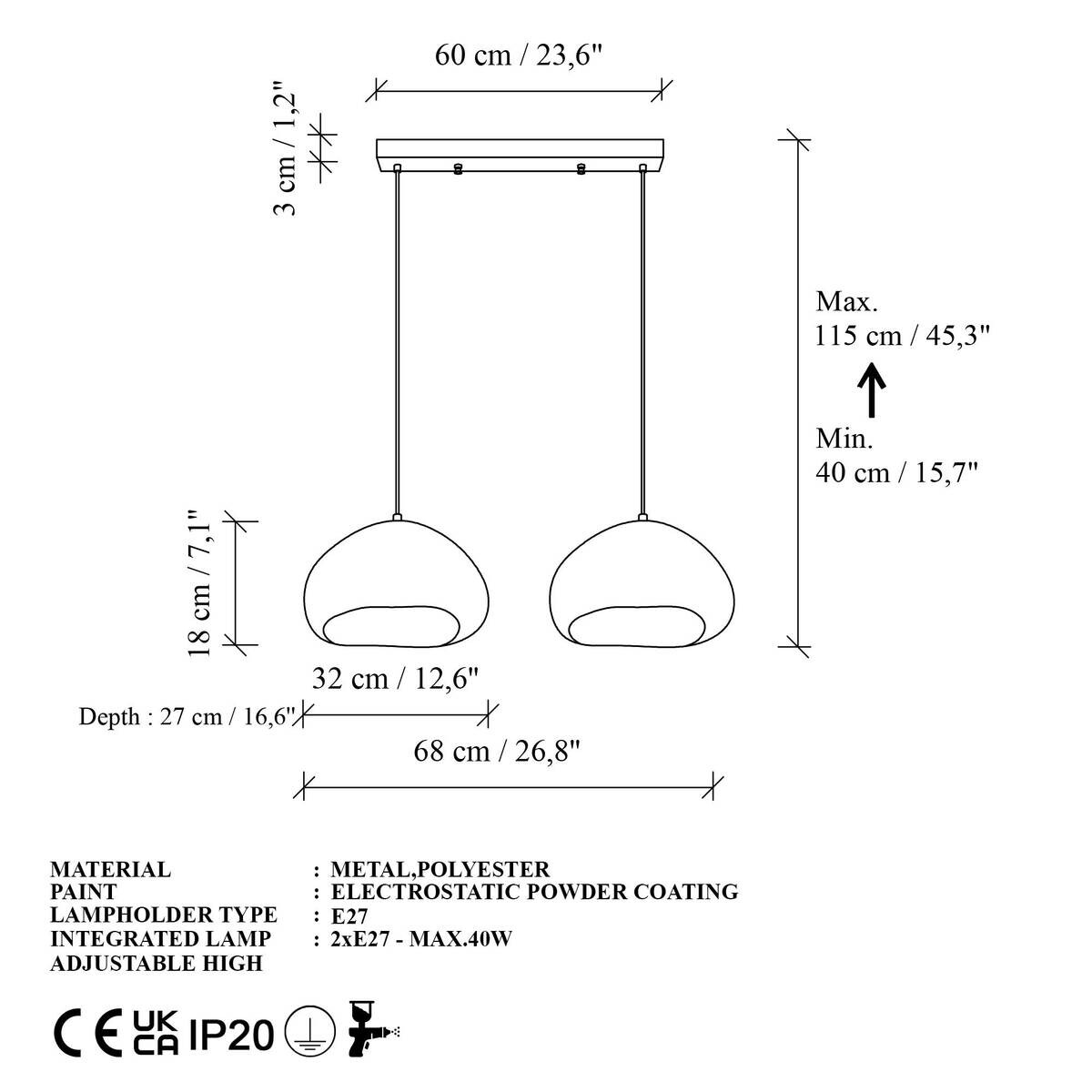 Opviq Pendelleuchte weiß B/H/T: ca. 68x106x27 cm E27 2 Brennstellen