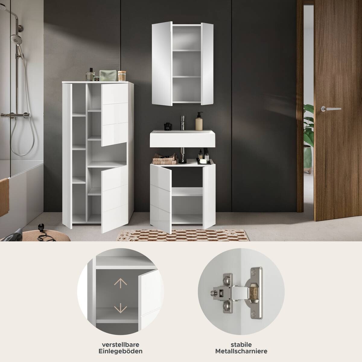 Badezimmer-Set VIRA weiß weiß Hochglanz B/H/T: ca. 135x190x34 cm