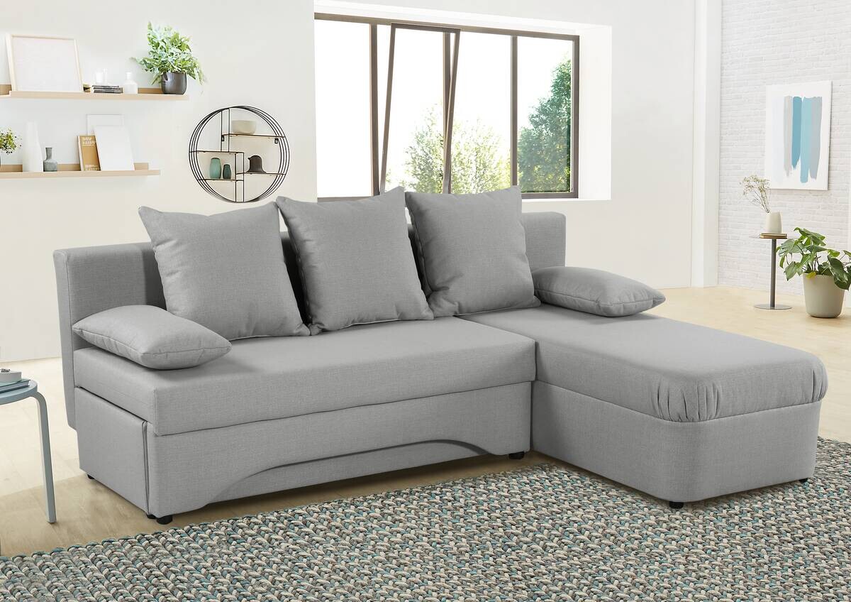 Ecksofa mit Bettfunktion und Bettkasten hellgrau Flachgewebe B/H/T: ca. 191x70x142 cm