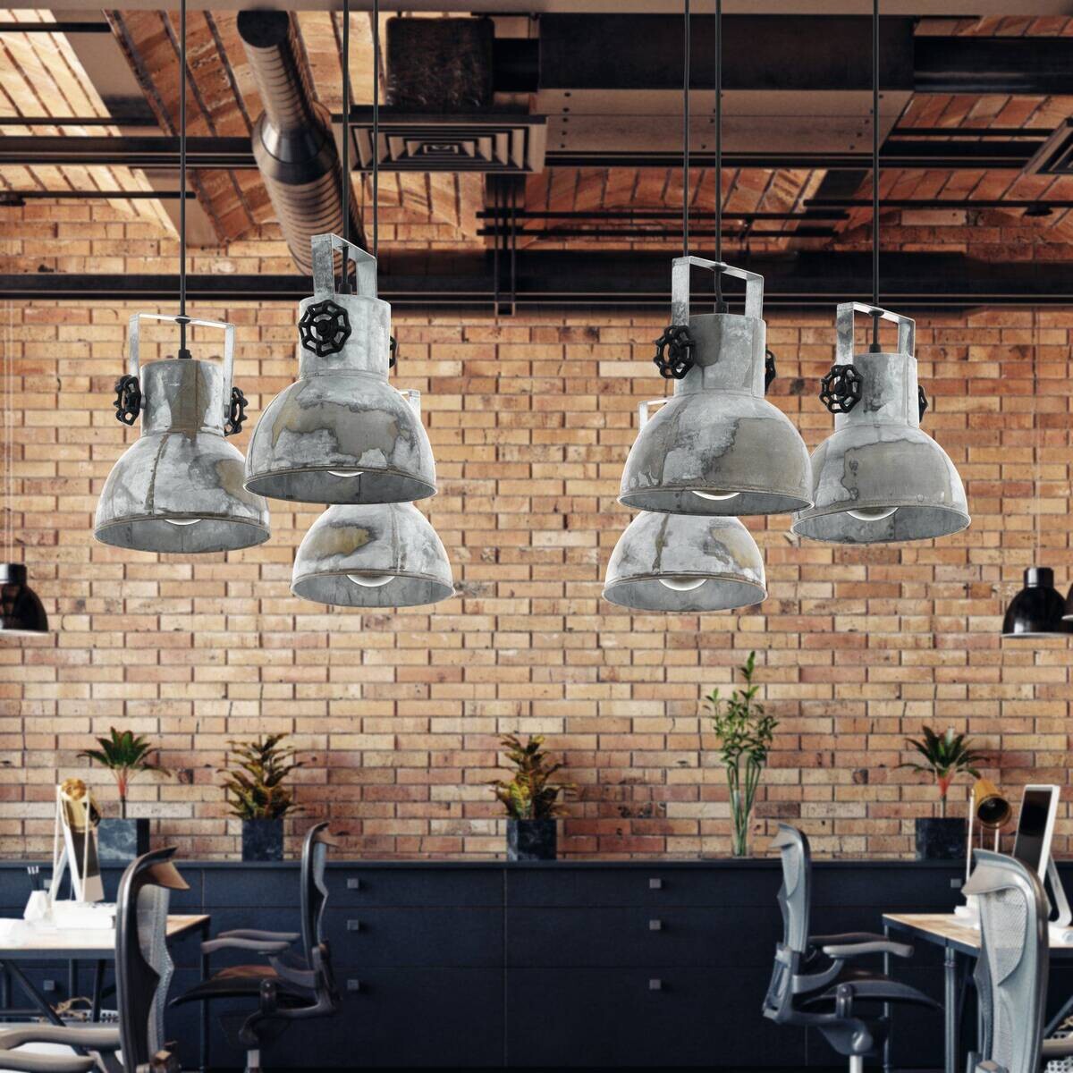 Eglo Pendelleuchte Barnstaple braun Metall Spanplatte H/L: ca. 130x18 cm E27 6 Brennstellen