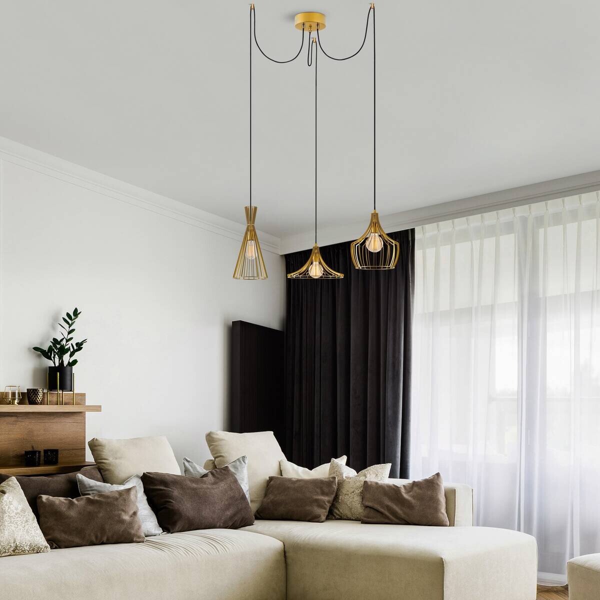 Opviq Pendelleuchte Mezopotamya gold B/H/T/L/D: ca. 114x130x114x114x114 cm E27 3 Brennstellen