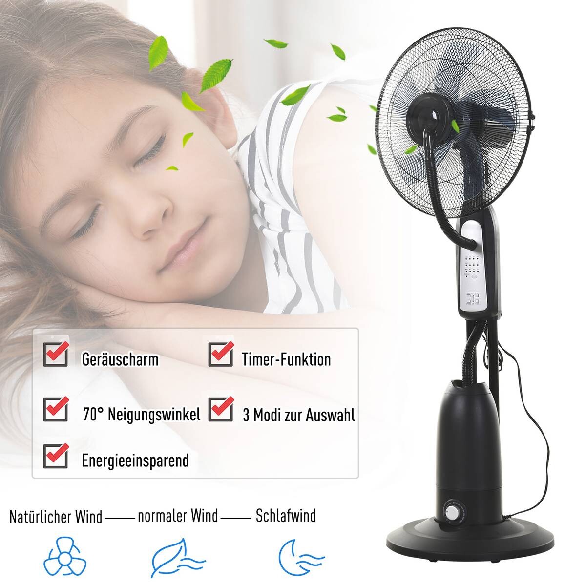 HOMCOM Standventilator mit Wasserzerstäuber schwarz Metall Kunststoff H/D: ca. 120x44 cm