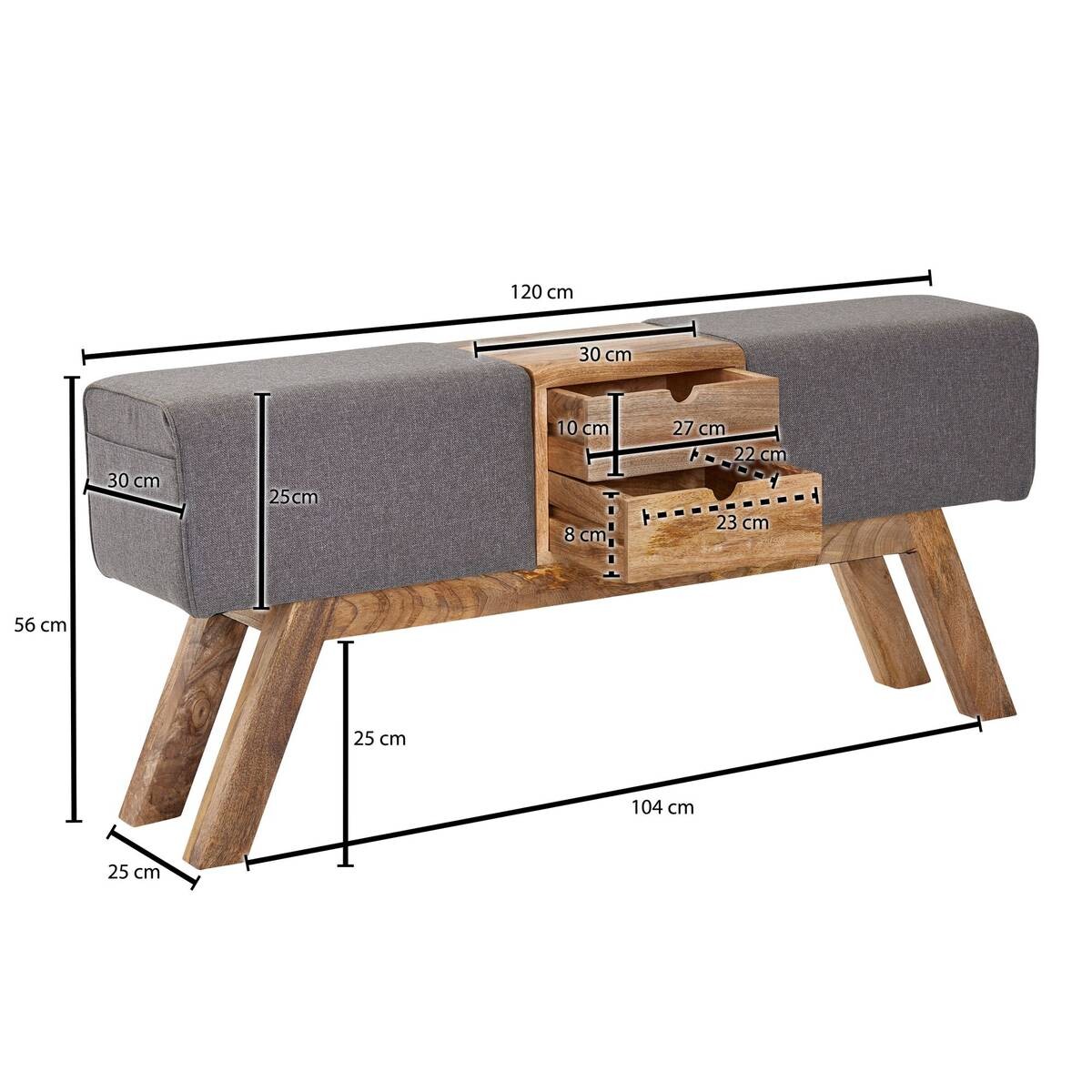 Wohnling Sitzbank grau natur Stoff Echtholz B/H/T: ca. 120x56x30 cm