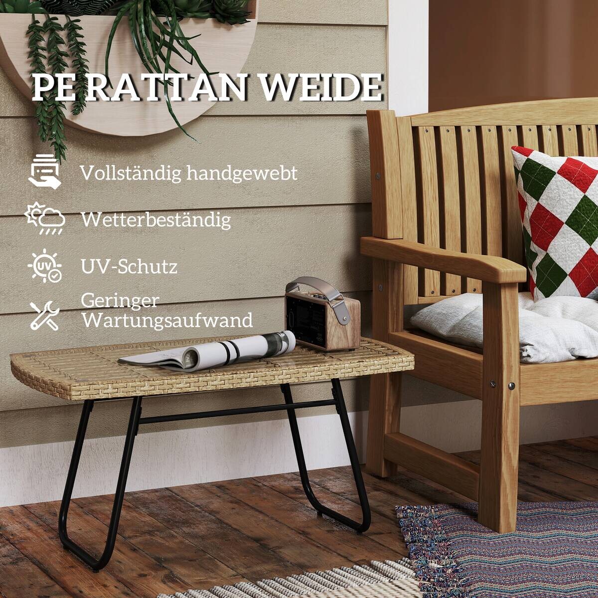 Outsunny Rattan-Gartentisch Holzoptik Stahl B/H/L: ca. 50x45x90 cm