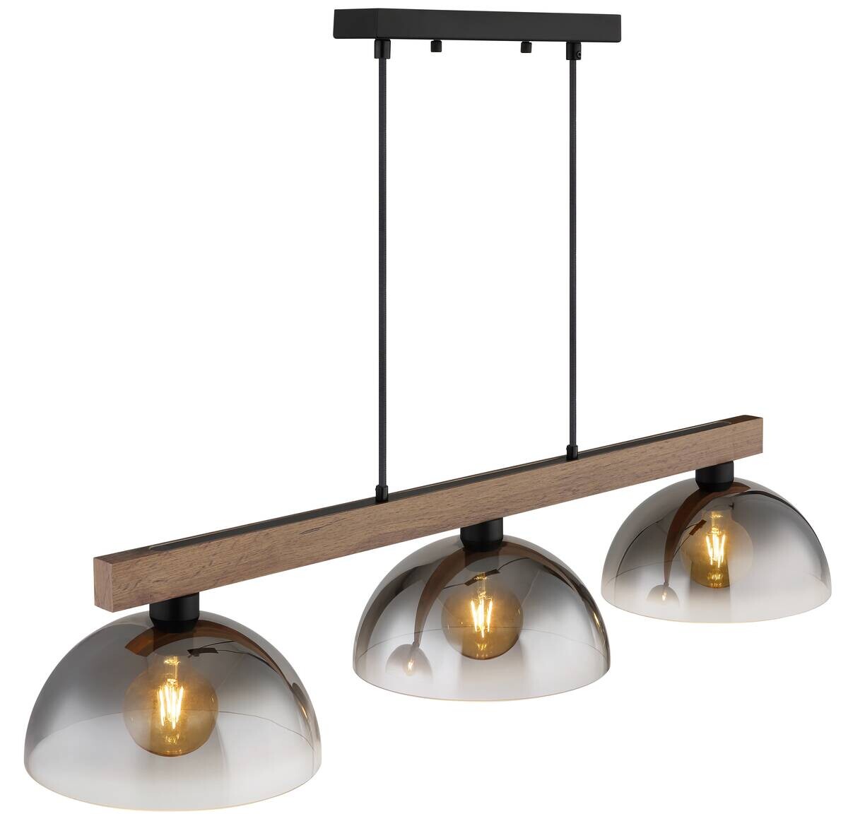 GLOBO Hängeleuchte dunkelbraun mattschwarz Rauch Holz Metall Glas B/H/L: ca. 30x120x114 cm E27 3 Brennstellen