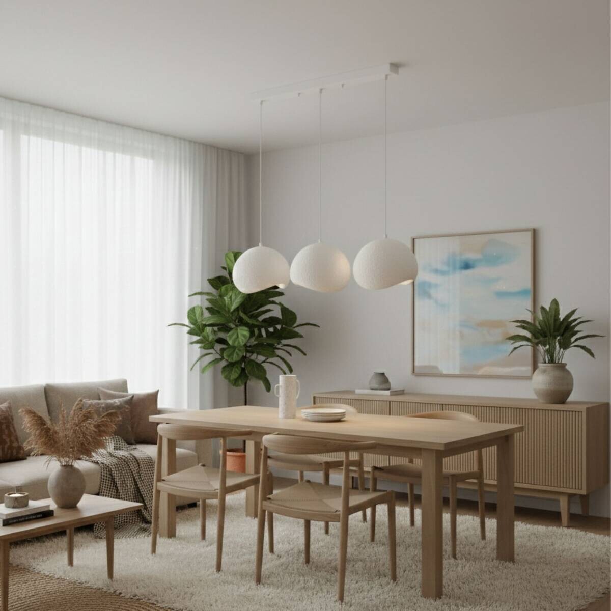 Opviq Pendelleuchte Yontu-15853-A weiß Metall Polyester-Mischgewebe B/H/L: ca. 29x120x34 cm E27 3 Brennstellen