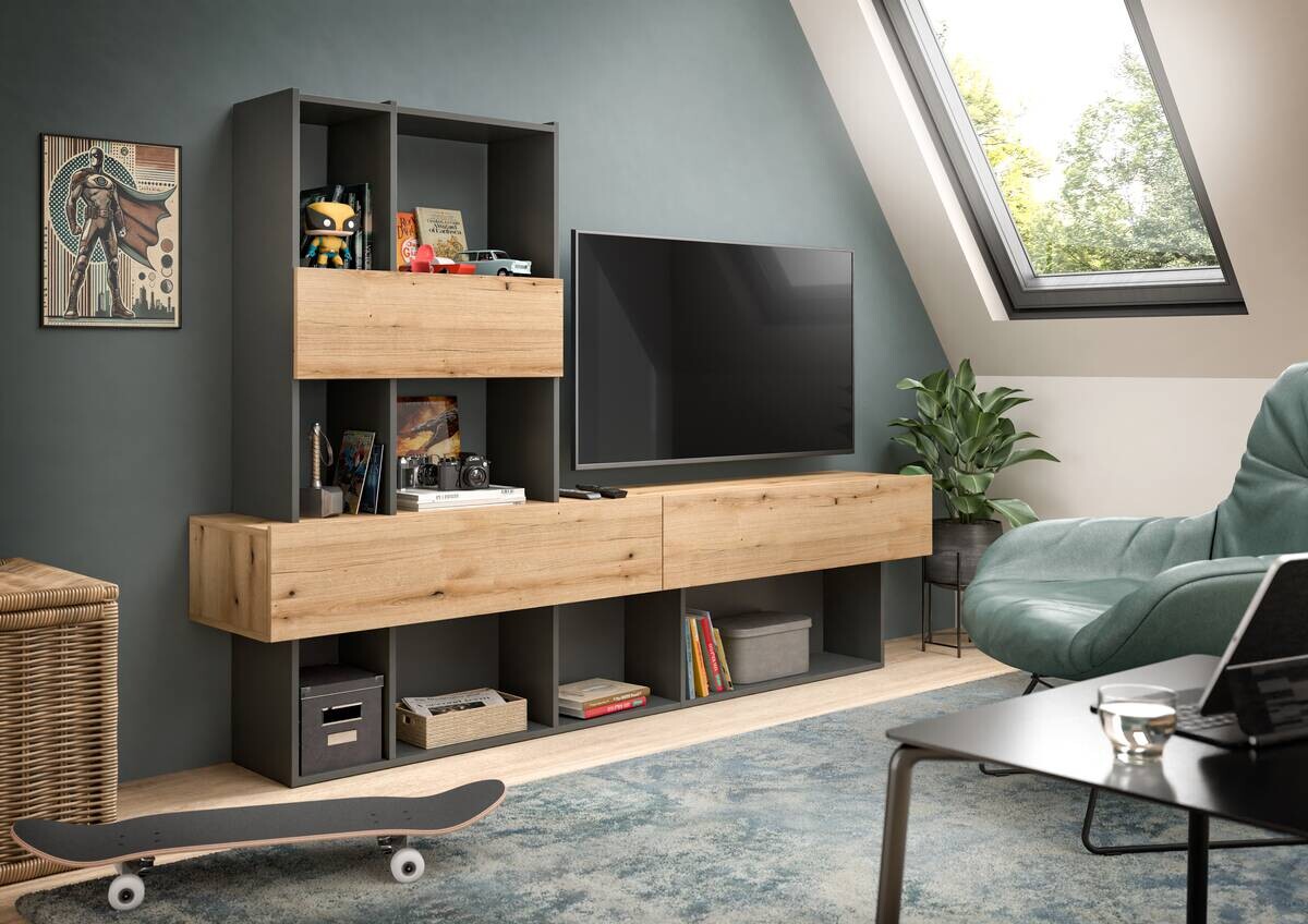 Wohnwand Lennox grau Eiche Evoke Coast Nachbildung B/H/T: ca. 210x147x38 cm