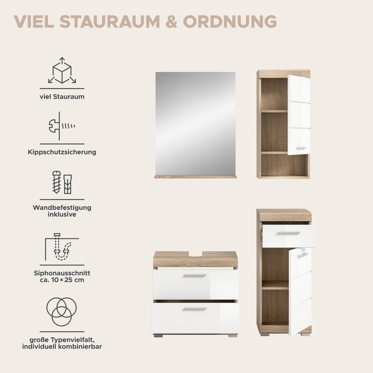 Badezimmer-Set Lambada Eiche Sonoma Nachbildung weiß Hochglanz B/H/T: ca. 112x191x37 cm