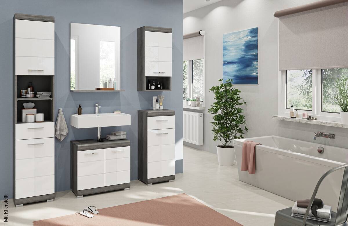 Badezimmer-Set Scout Eiche Rauchsilber Nachbildung weiß Hochglanz B/H/T: ca. 164x191x34 cm