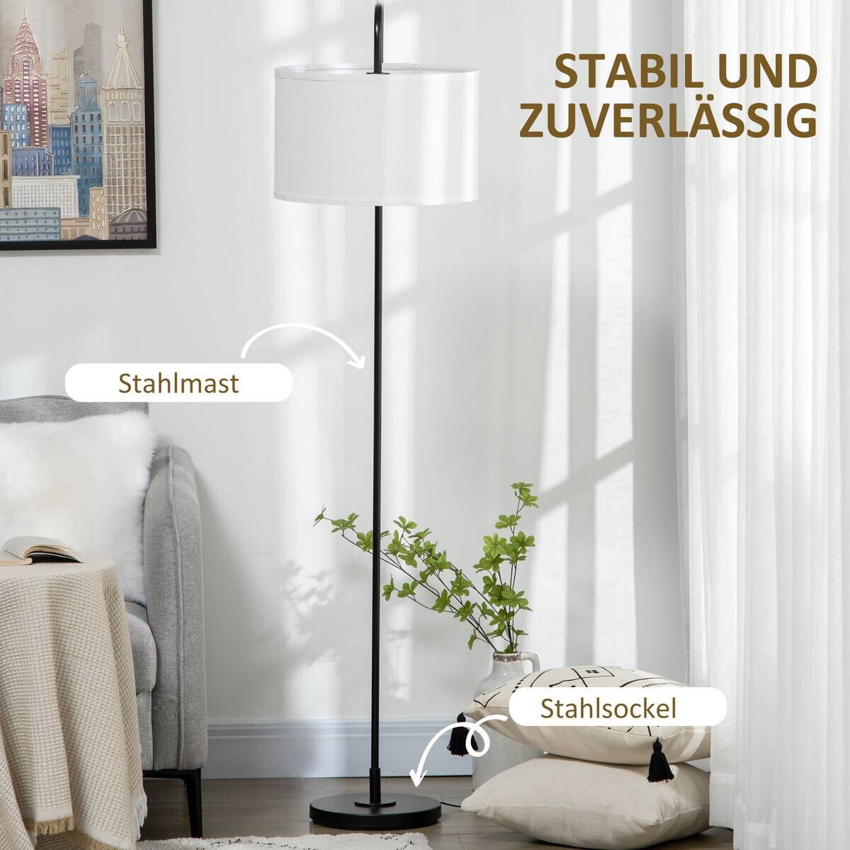 HOMCOM Stehleuchte weiß Stahl Polyester B/H/L: ca. 38x163,5x64 cm E27 1 Brennstellen