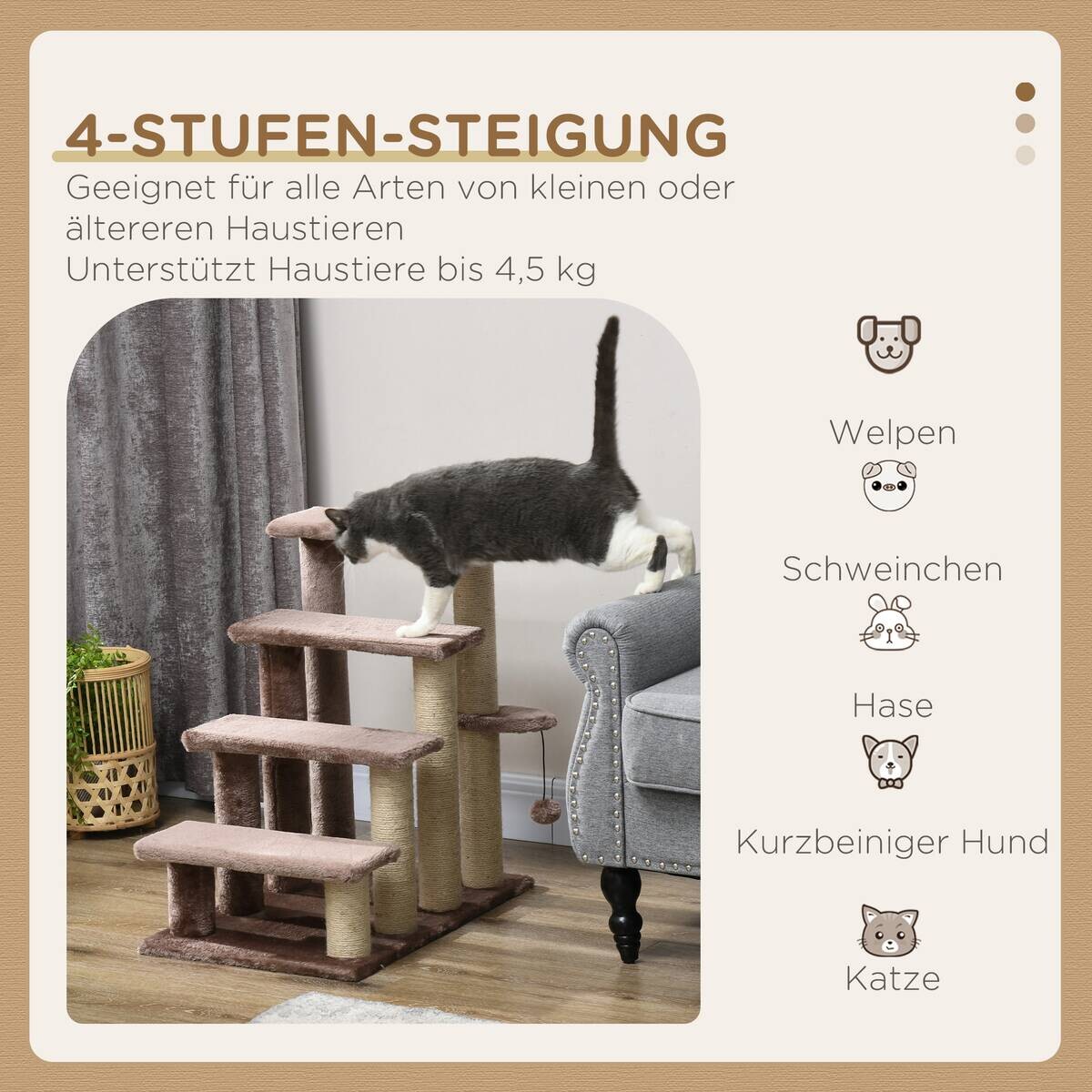 PawHut Katzentreppe braun Stoff B/H/L: ca. 40x64x60 cm