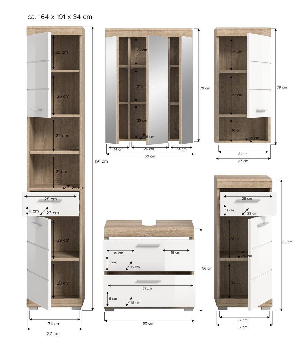 Badezimmer-Set Lambada Eiche Sonoma Nachbildung weiß Hochglanz B/H/T: ca. 164x191x37 cm