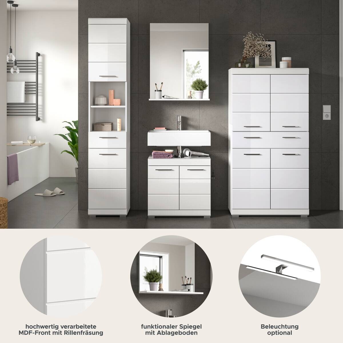 Badezimmer-Set Scout weiß weiß Hochglanz B/H/T: ca. 186x191x34 cm